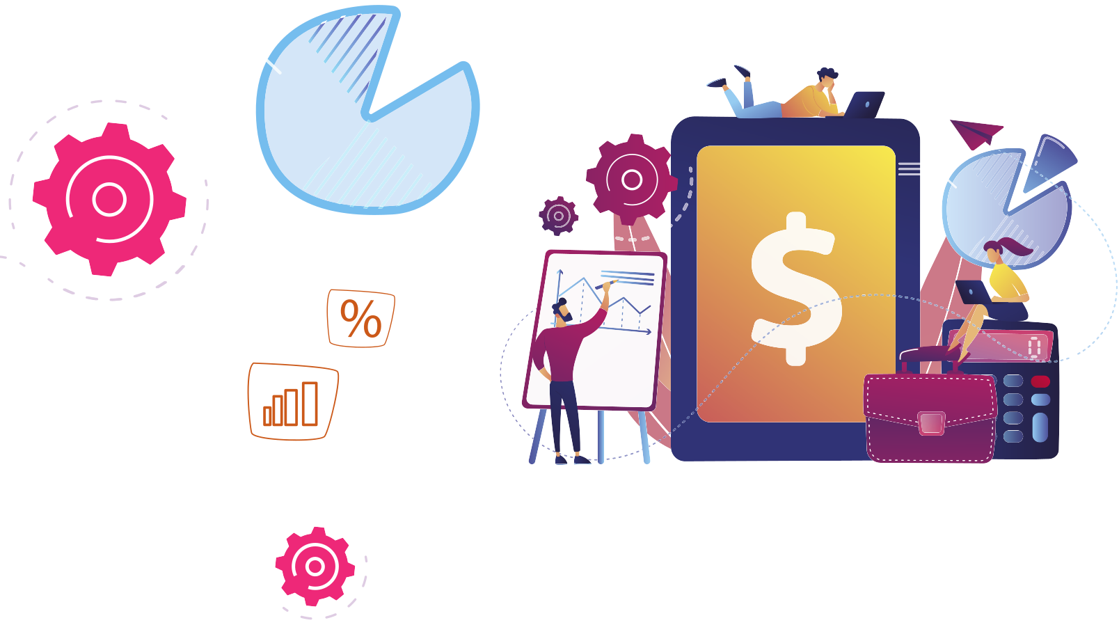 Ilustração com elementos relacionados a finanças e análise de dados. No centro, há um grande dispositivo com símbolo de cifrão na tela. Ao redor, pessoas interagem com gráficos, engrenagens, uma calculadora e uma maleta. Um personagem apresenta um gráfico em um quadro, enquanto outros usam notebooks. Também há gráficos de pizza e ícones de porcentagem e desempenho espalhados pela imagem.