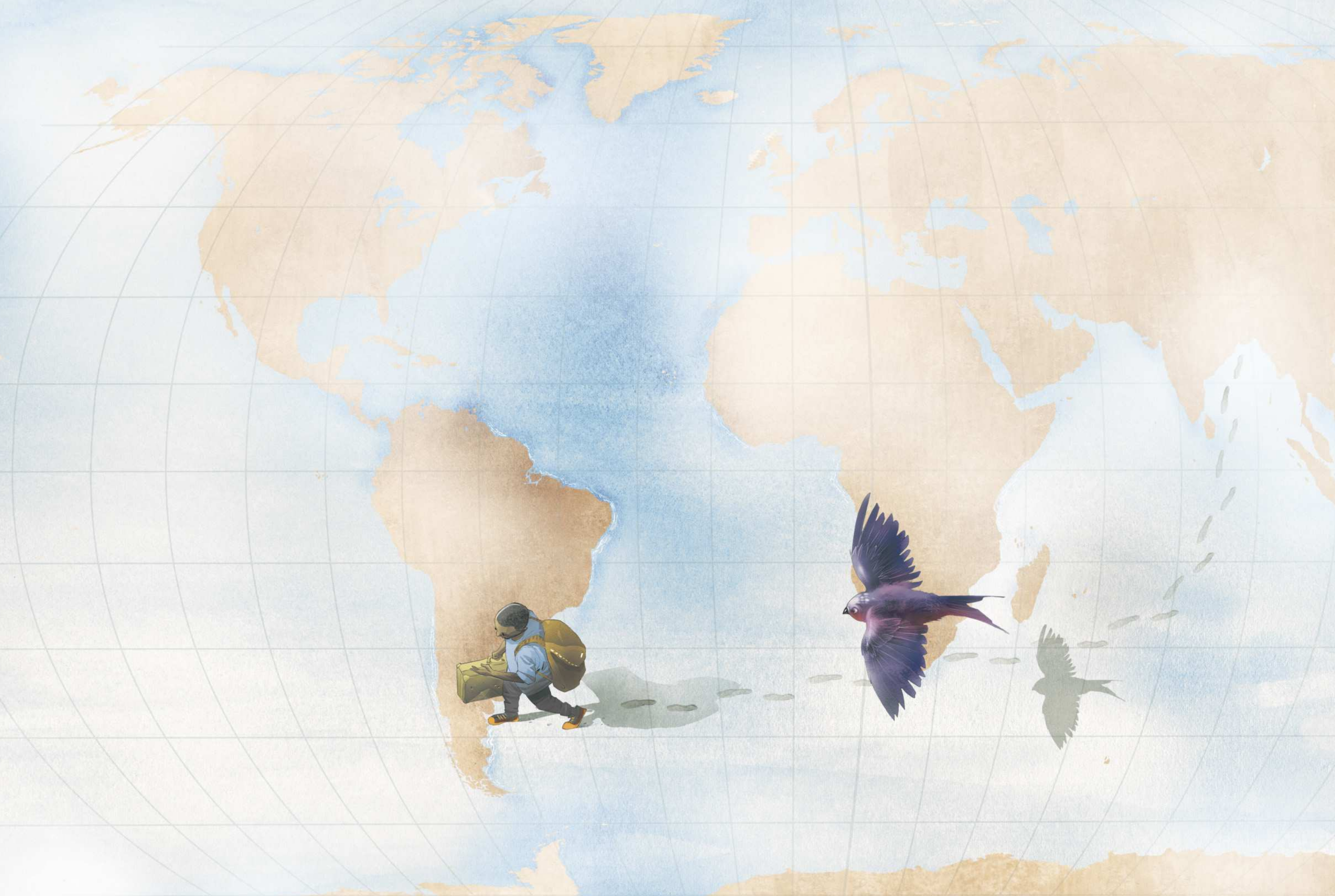 Ilustração de um mapa-múndi com uma pessoa caminhando sobre ele, carregando uma mala e uma mochila nas costas, deixando pegadas pelo caminho. As marcas começam no sul da Ásia, e a pessoa se aproxima do continente americano. Um pássaro sobrevoa o trajeto, projetando sua sombra sobre o mapa.