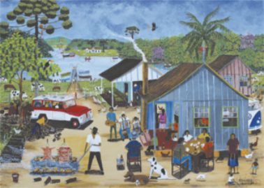 Pintura que retrata uma comunidade rural em um dia movimentado. As pessoas estão envolvidas em diversas atividades, como varrer, conversar, tocar instrumentos, cozinhar e cuidar dos animais. O cenário inclui casas simples de madeira, um carro estacionado, árvores, animais espalhados pelo espaço e, ao fundo, um rio com barcos navegando.