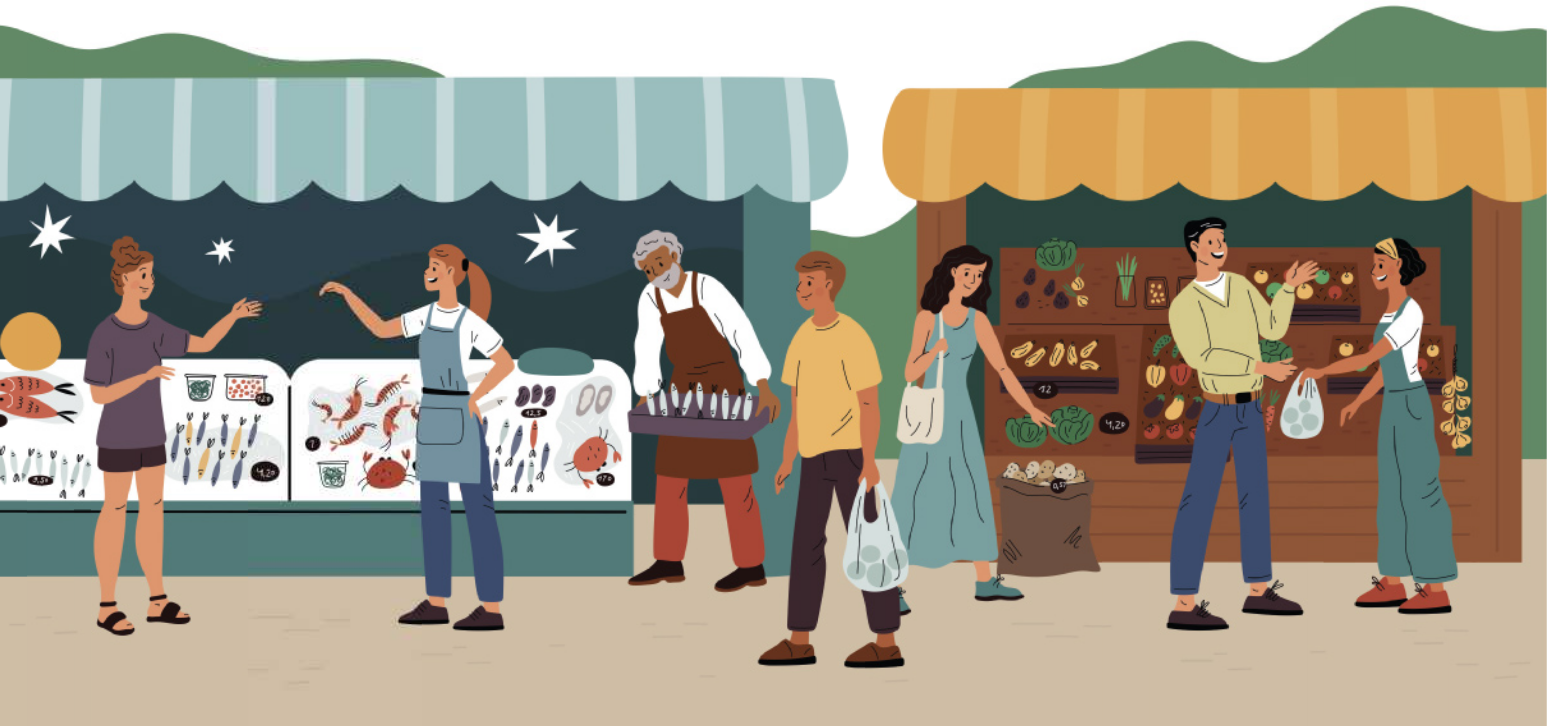 Ilustração de uma feira ao ar livre, com uma barraca vendendo peixes e frutos do mar e outra oferecendo frutas e legumes. Algumas pessoas circulam com sacolas e realizam compras nas barracas.
