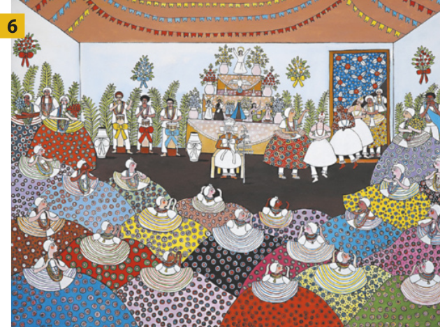 Pintura 6 de uma celebração de religiões de matriz africana em um ambiente fechado, com muitas pessoas reunidas. No centro, destaca-se um altar decorado com flores e imagens religiosas. Ao redor, mulheres com vestidos rodados realizam uma dança em roda, enquanto outras pessoas observam ou participam da cerimônia. À frente do altar, há uma pessoa sentada em um trono, representando o orixá Oxalá, também conhecido como Obatalá.