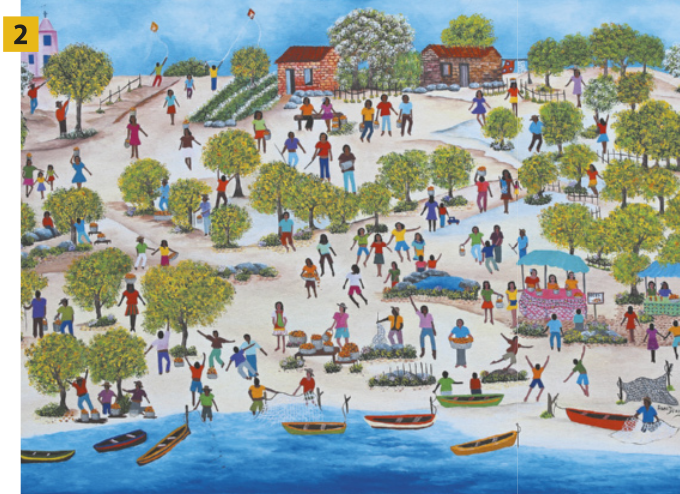 Pintura 2 com uma cena festiva em uma vila rural à beira de um rio. Muitas pessoas estão espalhadas pelo espaço aberto, participando de diversas atividades: dançando, conversando, vendendo produtos, brincando e soltando pipas. Há árvores frutíferas, canteiros de plantas, barracas e pequenas casas de tijolo ao fundo. Barcos estão atracados à beira da água, e algumas pessoas interagem próximas a eles.