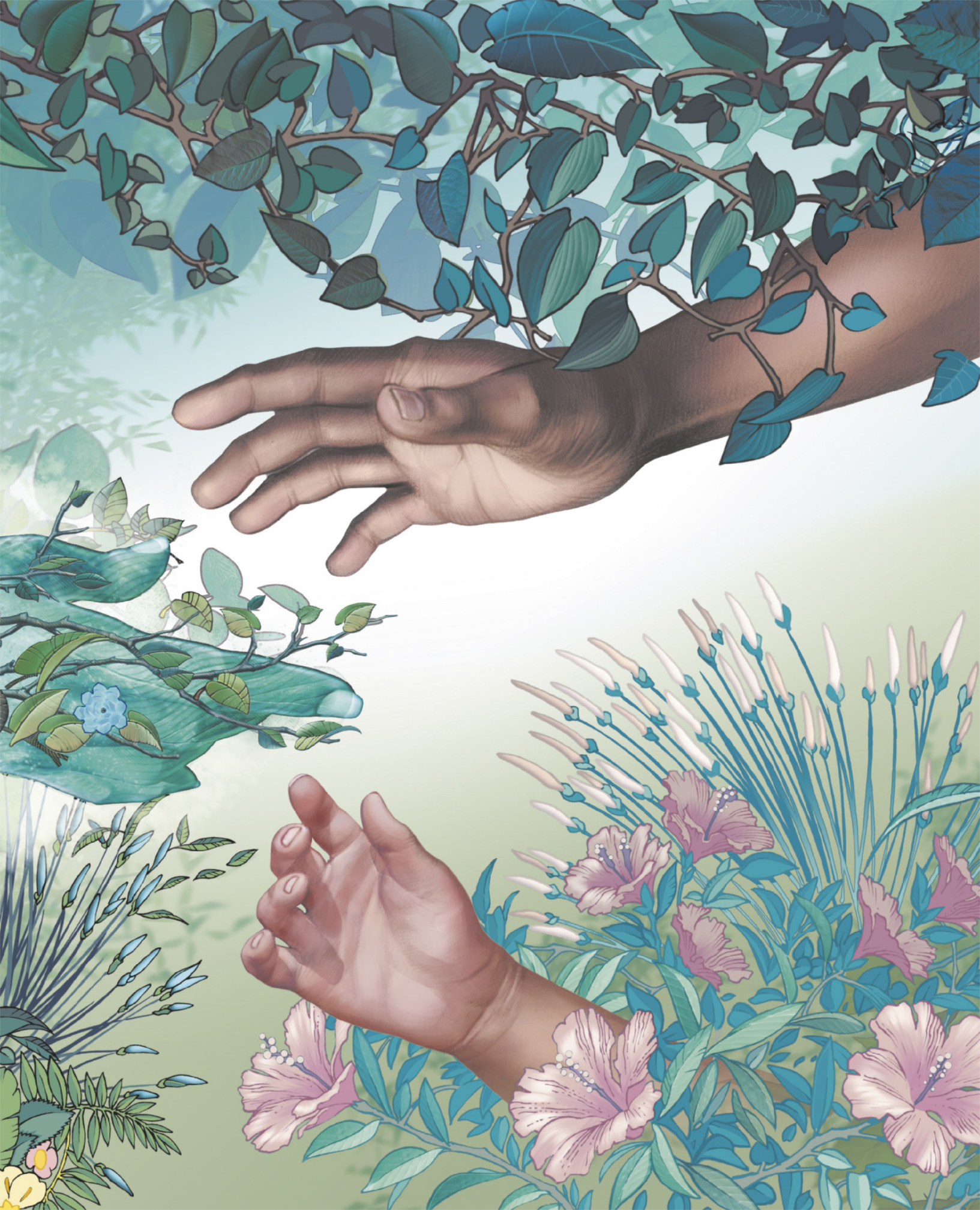 Ilustração que mostra o braço de uma pessoa adulta e o braço de uma criança estendendo-se por entre plantas e flores, como se estivessem prestes a se tocar.
