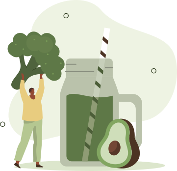 Ilustração de um homem ao lado de um jarro de suco do tamanho de sua altura, com um abacate cortado posicionado ao lado. Ele segura um brócolis com os braços erguidos, levando-o em direção ao jarro.