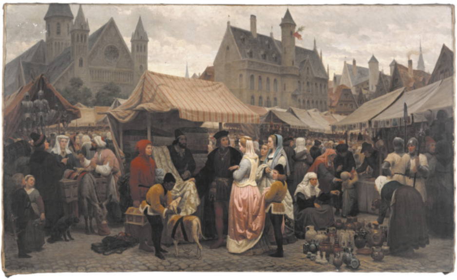 Pintura de uma feira medieval em uma praça cercada por construções antigas e torres. O local está repleto de barracas e pessoas, comercializando produtos variados, como tecidos, cerâmicas e alimentos. Há intensa movimentação, com grupos conversando, comprando e observando os produtos expostos.