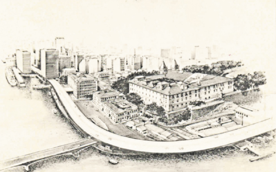 Ilustração em preto e branco de uma área urbana, onde uma via expressa elevada contorna um conjunto de prédios históricos localizados próximos à margem do mar. Ao fundo, observam-se diversos edifícios altos e modernos.