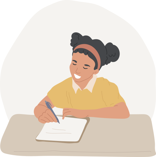 Ilustração de uma menina sentada à mesa, escrevendo em uma folha de papel.