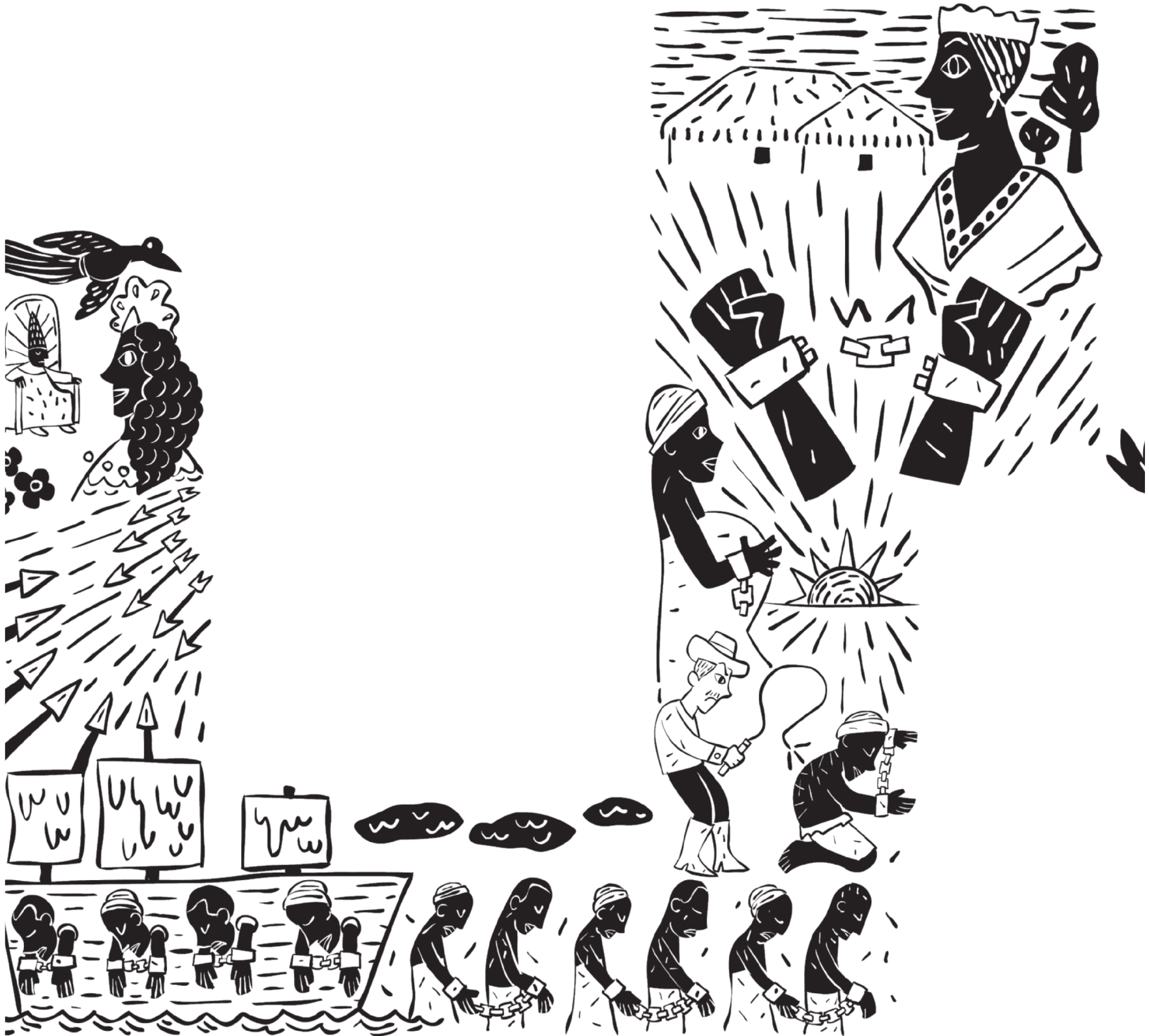 Imagem em estilo de cordel, composta por uma sequência ilustrada que retrata a trajetória da escravidão africana, desde a captura até a conquista simbólica da liberdade. No canto superior esquerdo, um homem está sentado em um trono, enquanto uma mulher com uma coroa está posicionada à sua frente, e um pássaro sobrevoa a cena. Abaixo deles, aparecem lanças e flechas apontadas umas contra as outras. Na cena seguinte, homens e mulheres negros, acorrentados, estão presos em um navio negreiro. Em seguida, já em terra firme, essas pessoas caminham em fila, ainda acorrentadas e curvadas. Na próxima cena, um homem branco castiga com chicotadas um homem negro, sem camisa, ajoelhado e acorrentado. Na cena seguinte, um homem negro, escondido atrás de uma rocha, observa o nascer do sol enquanto segura correntes quebradas nas mãos. Acima dele, a imagem mostra dois braços com os punhos cerrados e erguidos, rompendo as correntes que os prendiam. A sequência se encerra com a figura de uma mulher negra vestida com roupas tradicionais africanas, posicionada ao lado de um local com habitações feitas de pau a pique.