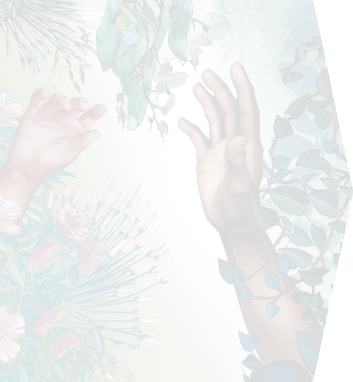 Ilustração que mostra o braço de uma pessoa adulta e o braço de uma criança estendendo-se por entre plantas e flores, como se estivessem prestes a se tocar.