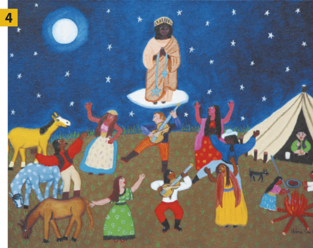 Pintura 4 retrata uma cena noturna em um campo aberto, sob um céu estrelado e iluminado pela lua cheia. No centro, várias pessoas dançam e tocam instrumentos musicais ao redor de uma fogueira. Ao fundo, uma figura negra, vestida com traje religioso, aparece flutuando sobre uma nuvem, segurando um cordão com uma estrela nas pontas. À direita, há uma tenda com pessoas sentadas ao redor de uma mesa. Animais como cavalos e um burro estão espalhados pelo campo.