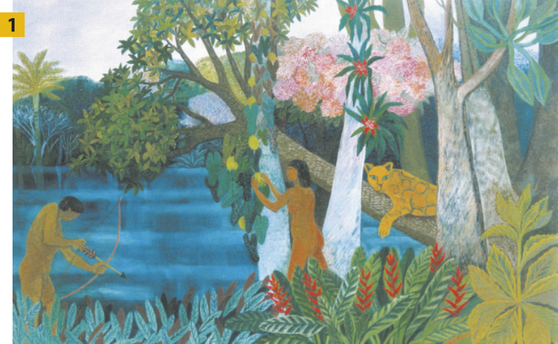Pintura 1 com uma floresta densa. À esquerda, um homem indígena está agachado, apontando um arco com flecha em direção à água. No centro, uma mulher indígena está em pé colhendo frutas em uma árvore. À direita, sobre um galho inclinado, um grande felino repousa observando a cena. Ao fundo, vê-se um rio tranquilo e mais vegetação.