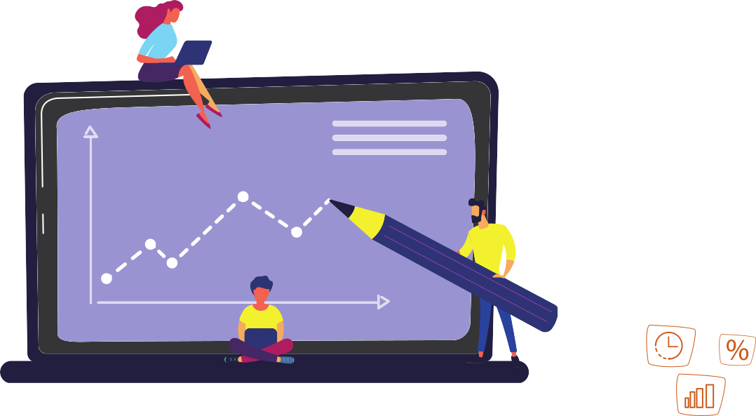 Ilustração de três pessoas interagindo com um grande monitor que exibe um gráfico de linha com pontos conectados. Uma pessoa está sentada sobre o monitor com um notebook, outra está sentada no chão em frente à tela, e a terceira segura um lápis grande apontando para o gráfico. Ao lado, há pequenos ícones relacionados a tempo, porcentagem e dados.
