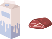 Imagem de uma embalagem de leite e um pedaço de carne crua.