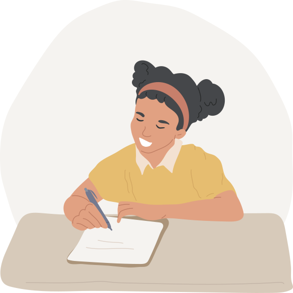 Ilustração de uma menina sentada à mesa, escrevendo em uma folha de papel.