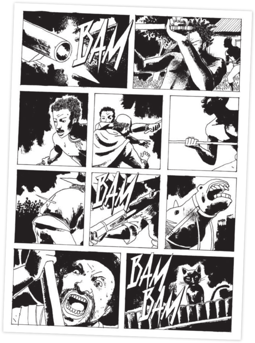 Q11: O quadro foca no cano de uma espingarda sendo disparada, acompanhado da onomatopeia 'Bam'. Q12: Um homem negro, com expressão de dor, é atingido por um tiro enquanto segurava um facão. Q13: Outro homem negro, com expressão tensa, prepara-se para o combate, com o corpo inclinado para a frente. Q14: Um homem branco e um homem negro lutam. O homem branco segura o braço do outro, tentando impedir o ataque com o facão. Q15: Um homem negro segura uma lança, pronto para atacar, com expressão determinada. Q16: O quadro mostra um cavaleiro montado em um cavalo. Q17: Um rifle é disparado novamente, com a onomatopeia 'Bam'. Q18: O foco se volta para a face de um cavalo com a boca aberta, como se estivesse sentindo dor. Q19: Um homem branco, com chapéu, segura um rifle e grita com expressão furiosa. Q20: Um gato está sobre uma cerca, com o pelo eriçado. Ao fundo, ouvem-se sons de disparo: 'Bam Bam'.
