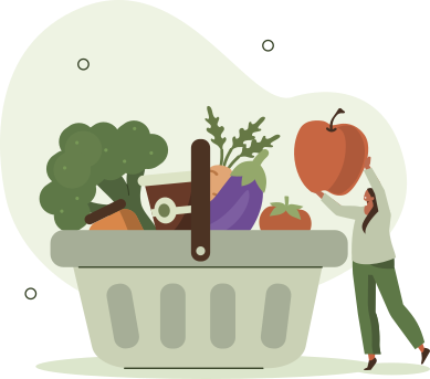 Ilustração de uma mulher colocando uma maçã em um cesto de frutas e legumes que tem aproximadamente a sua altura.