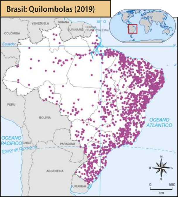 Mapa 'Brasil: Quilombolas (2019)'. A presença de famílias autodeclaradas quilombolas no território brasileiro concentra-se na porção leste, com destaque para as faixas próximas ao litoral nordeste. À medida que se avança para o oeste, essa quantidade diminui.