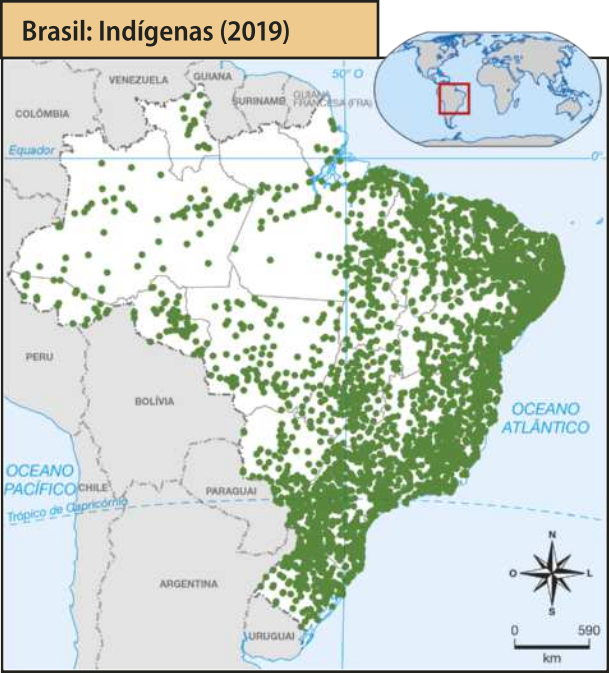 Mapa 'Brasil: Indígenas (2019)'. A presença de famílias autodeclaradas indígenas no território brasileiro concentra-se na porção leste, com destaque para as faixas próximas ao litoral. À medida que se avança para o oeste, essa quantidade diminui. Vale destacar, no entanto, a presença significativa nas margens do Rio Amazonas, na região Norte do país.