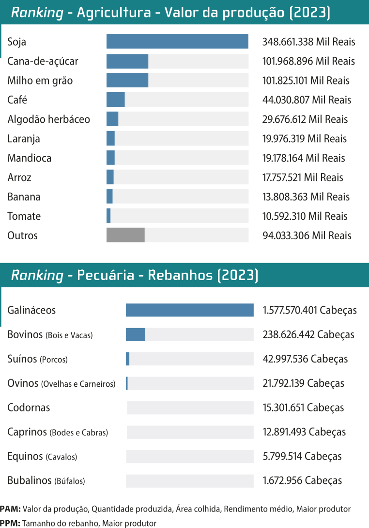 Imagem com dois gráficos de barras, conforme segue: Gráfico 'Ranking - Agricultura - Valor da produção (2023)', os dados são os seguintes: Soja: 348.661.338 Mil Reais. Cana-de-açúcar: 101.968.896 Mil Reais. Milho em grão: 101.825.101 Mil Reais. Café: 44.030.807 Mil Reais. Algodão herbáceo: 29.676.612 Mil Reais. Laranja: 19.976.319 Mil Reais. Mandioca: 19.178.164 Mil Reais. Arroz: 17.757.521 Mil Reais. Banana: 13.808.363 Mil Reais. Tomate: 10.592.310 Mil Reais. Outros: 94.033.306 Mil Reais. Gráfico: 'Ranking - Pecuária - Rebanhos (2023)', os dados são os seguintes: Galináceos: 1.577.570.401 Cabeças. Bovinos (Bois e Vacas): 238.626.442 Cabeças. Suínos (Porcos): 42.997.536 Cabeças. Ovinos (Ovelhas e Carneiros): 21.792.139 Cabeças. Codornas: 15.301.651 Cabeças. Caprinos (Bodes e Cabras): 12.891.493 Cabeças. Equinos (Cavalos): 5.799.514 Cabeças. Bubalinos (Búfalos): 1.672.956 Cabeças.