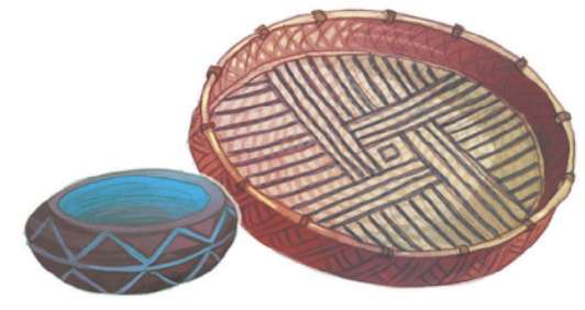 Imagem com dois cestos artesanais, feitos de cerâmica e palha.