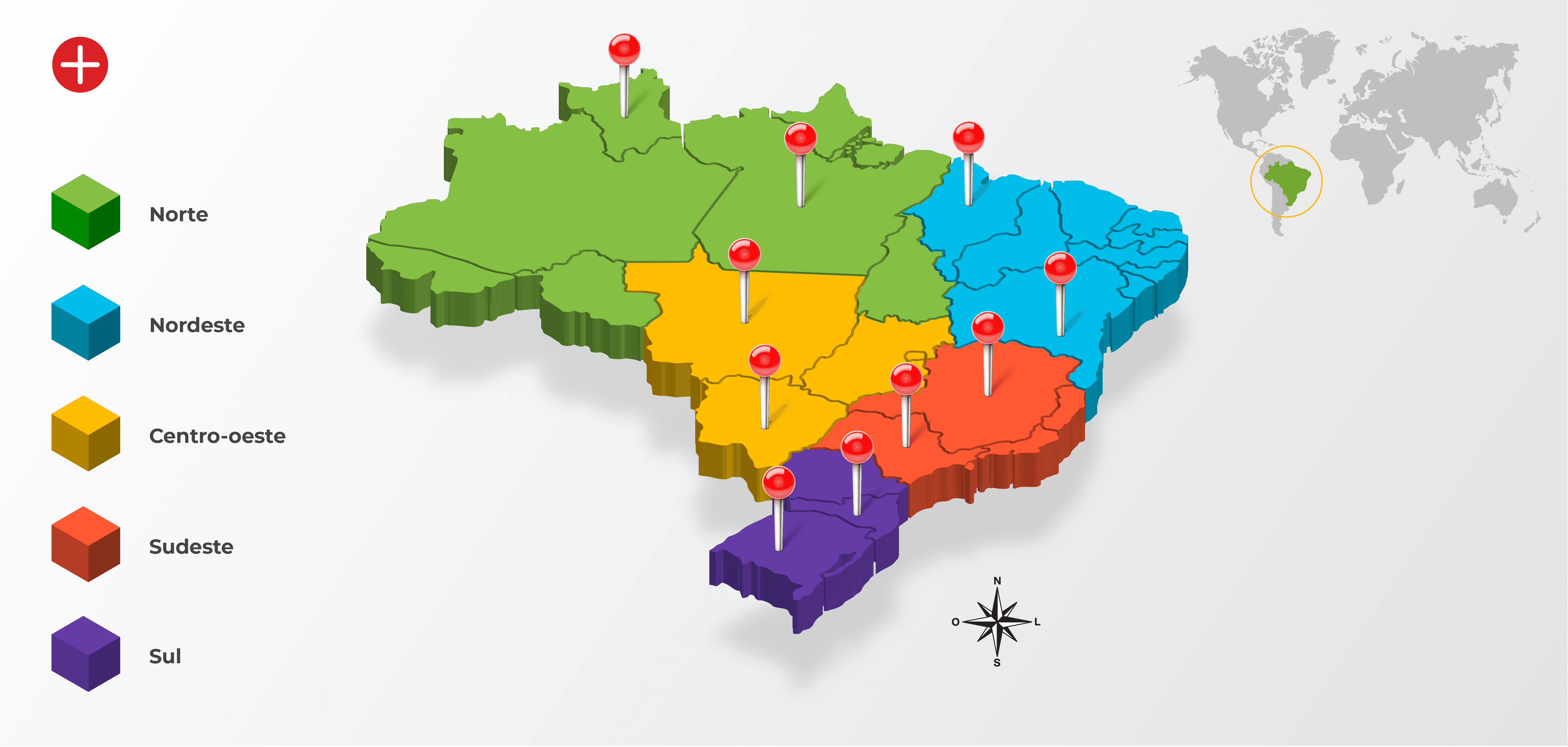 Mapa. Territórios indígenas – a luta continua. O mapa mostra o território brasileiro com as divisões político-administrativas. No mapa, os estados da Região Norte estão preenchidos com a cor verde, os estados da Região Nordeste com a cor azul, os estados da Região Centro-Oeste com a cor amarela, os estados da Região Sudeste com a cor laranja e os estados da Região Sul com a cor roxa. Há marcadores na forma de tachinhas nos seguintes estados: Roraima, Pará, Maranhão, Bahia, Mato Grosso, Mato Grosso do Sul, Minas Gerais, São Paulo, Santa Catarina e Rio Grande do Sul. Na parte inferior, está a rosa dos ventos, com indicações para: Norte, Sul, Leste e Oeste. Na parte superior direita, um pequeno mapa-múndi destaca a região descrita.