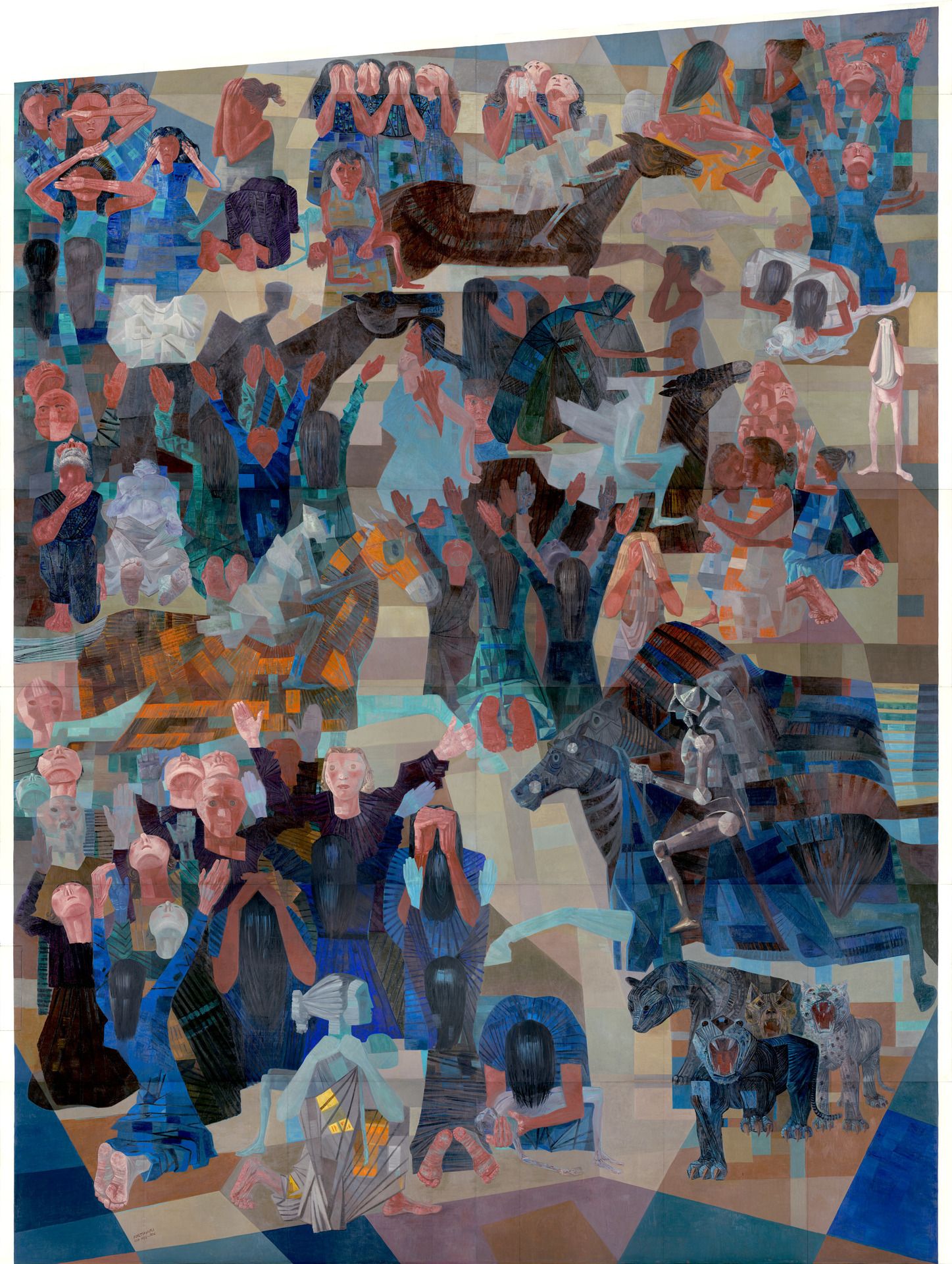 Pintura. Diversas cenas compostas por pessoas com roupas em tons de azul e verde reunidas em grupos. Há pessoas com as mãos cobrindo os olhos e ouvidos; pessoas de costas, ajoelhadas com os braços estendidos para cima; pessoas abraçadas; alguns animais e um homem de armadura montado em um cavalo.