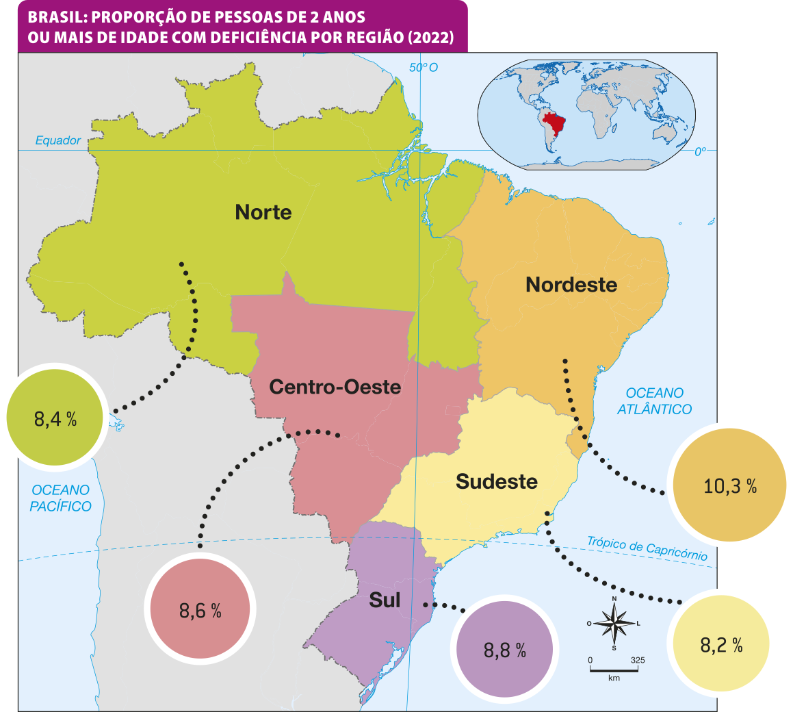 Mapa 'Brasil: proporção de pessoas de 2 anos ou mais de idade com deficiência por região (2022)'.  A imagem mostra o mapa do Brasil e suas regiões com as seguintes informações: Norte: 8,4 por cento. Nordeste: 10,3 por cento. Centro-oeste: 8,6 por cento. Sudeste: 8,2 por cento. Sul: 8,8 por cento.