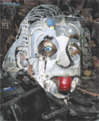 Imagem do rosto de Albert Einstein formado por diversos tipos de objetos: cordas, aparelhos eletrônicos, descartáveis, móveis e brinquedos. Um extintor vermelho representa a língua para fora do cientista.
