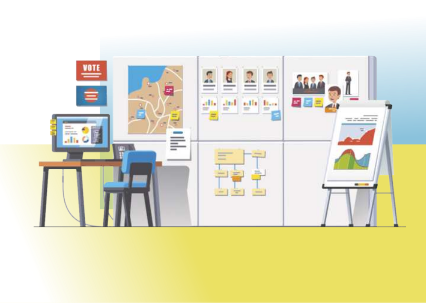 Ilustração de uma mesa com um computador e uma cadeira ao lado de um painel com mapas, gráficos e informações. Um cavalete expõe uma folha com dois gráficos.