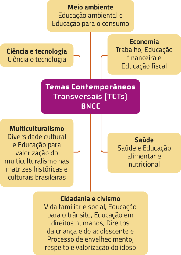 Fluxograma com uma caixa central linhas para outras seis caixas. A caixa central contém o texto: 'Temas Contemporâneos Transversais (TCTs) na BNCC'. As demais caixas contêm os seguintes temas: Meio ambiente: Educação ambiental e Educação para o consumo. Economia: Trabalho, Educação financeira e Educação fiscal. Saúde: Saúde e Educação alimentar e nutricional. Cidadania e civismo: Vida familiar e social, Educação para o trânsito, Educação em Direitos Humanos, Direitos da Criança e do Adolescente e Processo de envelhecimento, respeito e valorização do idoso. Ciência e tecnologia: ciência e tecnologia. Multiculturalismo: Diversidade cultural e Educação para valorização do multiculturalismo nas matrizes históricas e culturais brasileiras.