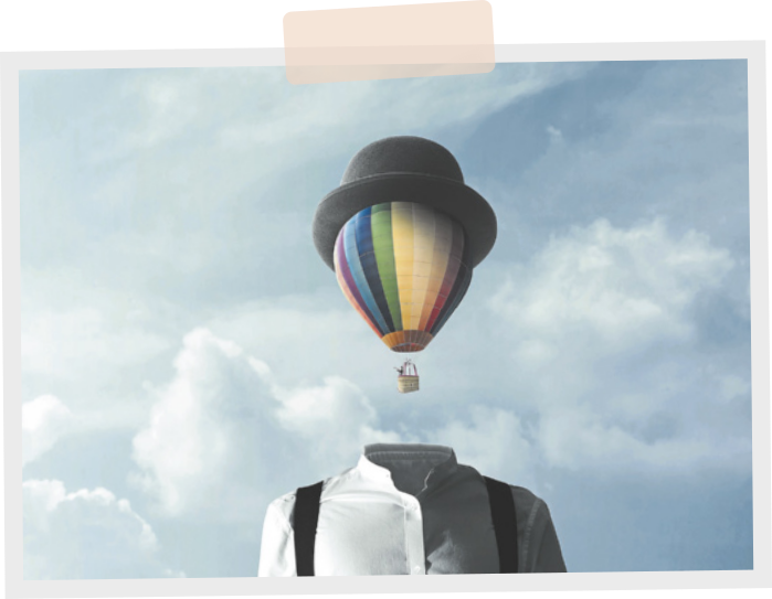 Imagem de um corpo humano vestindo uma camisa social, com a cabeça representada por um balão que flutua no céu e usa um chapéu. Ao fundo, vê-se um céu com nuvens.
