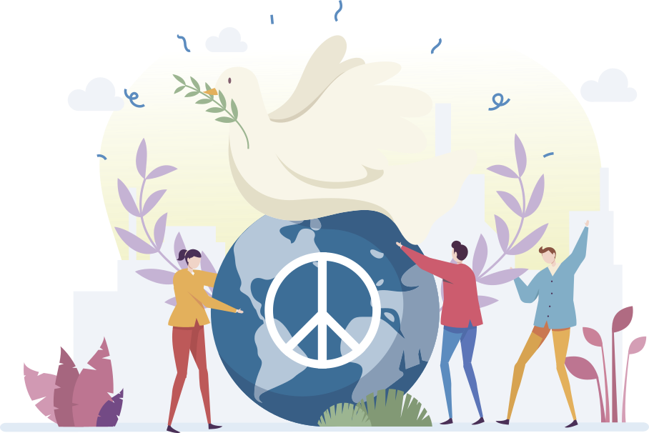 Ilustração representando o globo terrestre com o símbolo da paz no centro e um pombo-branco em cima, segurando um ramo de arruda com o bico. Ao lado, há três pessoas abraçando o globo e algumas plantas.