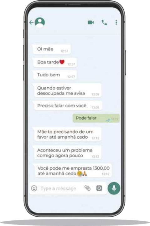 Imagem de aplicativo de mensagem com o seguinte texto: 'Oi mãe, boa tarde (ícone de coração). Tudo Bem. Quando estiver desocupada me avisa. Preciso falar com você'. 'Pode falar'. 'Mãe, tô precisando de um favor até amanhã cedo. Aconteceu um problema comigo agora pouco. Você poderia em empresta 1.300,00 até amanhã cedo? (ícone chorando e de uma mão em oração)'.