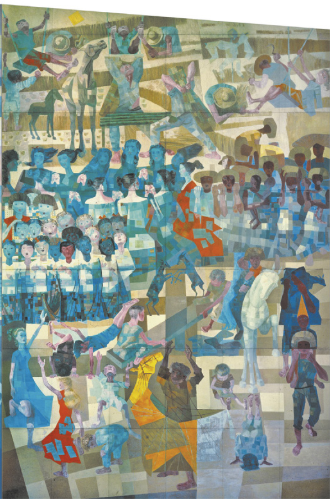 Pintura representando diversos grupos sociais interagindo de forma harmoniosa. No topo da imagem, observamos trabalhadores rurais e crianças brincando em balanços. No centro da imagem, observam-se mulheres, crianças e pessoas negras. Na parte inferior da imagem, observam-se indígenas, mulheres dançando e crianças brincando entre si.