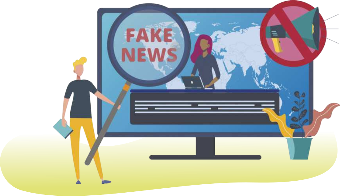 Ilustração de uma televisão com a imagem de uma mulher apresentando o jornal atrás de uma bancada. Ao lado da televisão, uma mulher em pé segura uma lupa em direção à tela, ampliando a imagem 'Fake news' e, ao lado, há um megafone com um sinal proibido.
