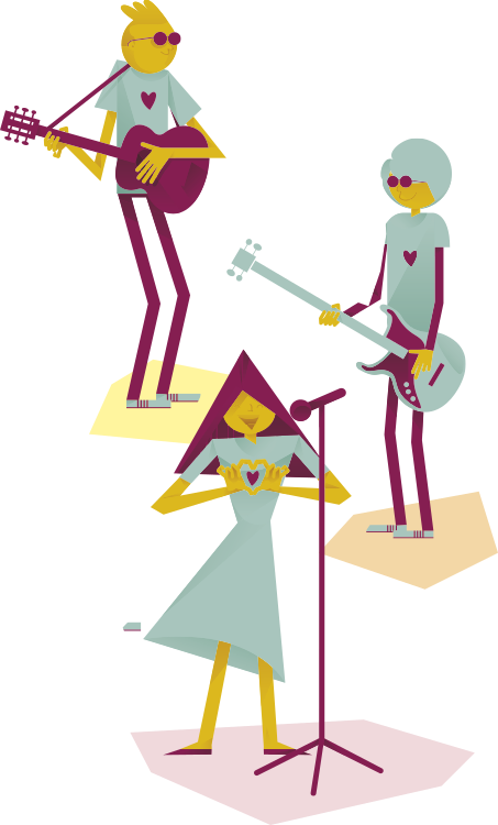 Ilustração de uma banda formada por meninas. Uma delas toca violão, a outra toca guitarra e a terceira canta em um microfone.
