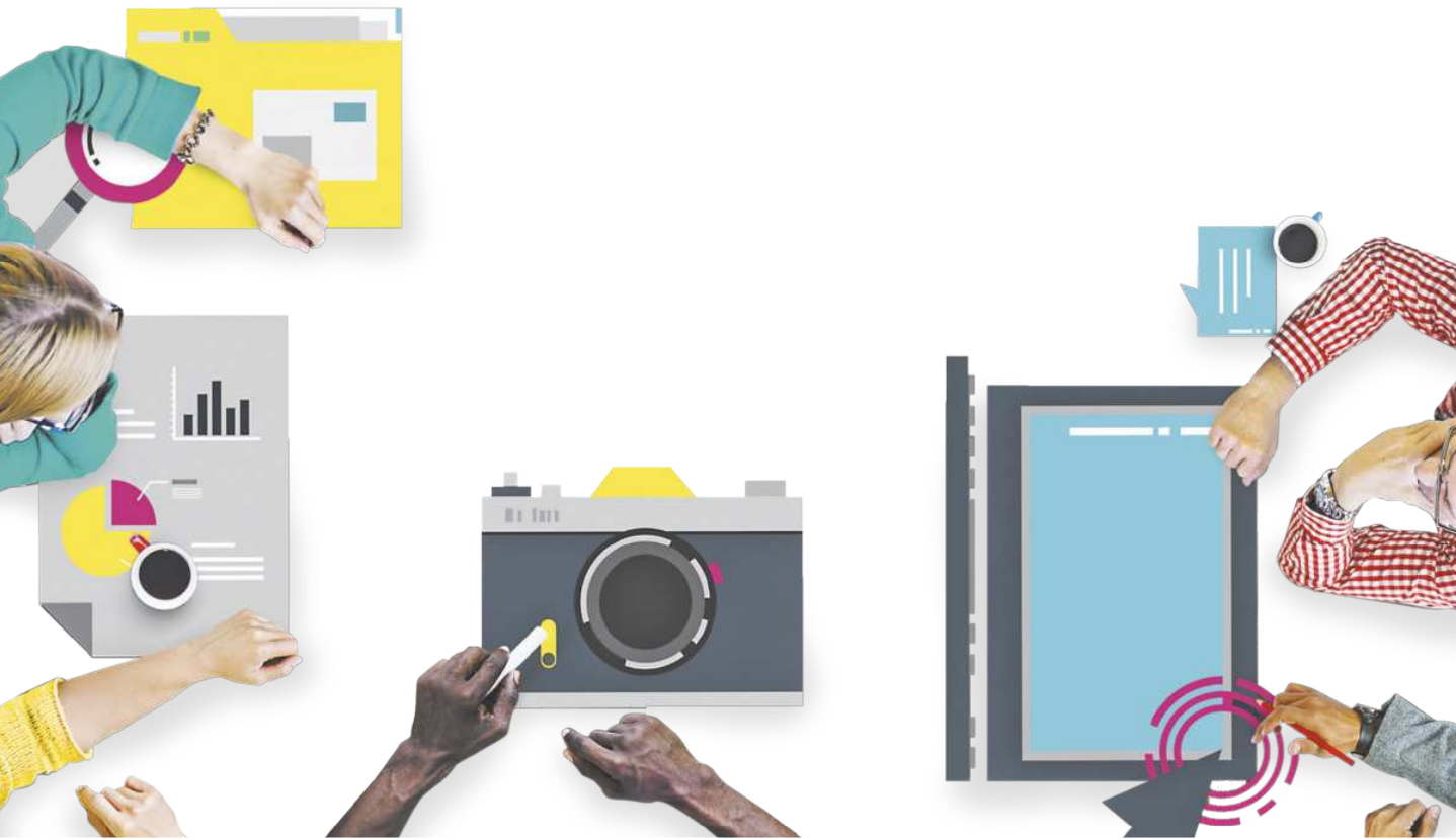 Ilustração vista de cima de pessoas manuseando uma máquina fotográfica, usando um notebook e analisando gráficos.