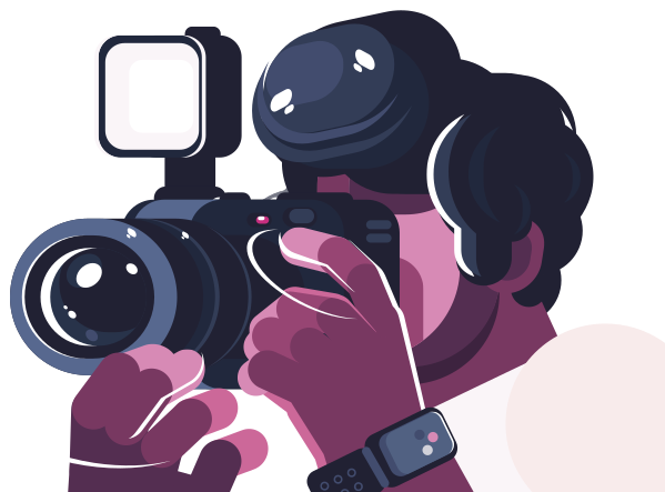 Ilustração de um homem tirando uma fotografia com uma máquina fotográfica de lentes ajustáveis.