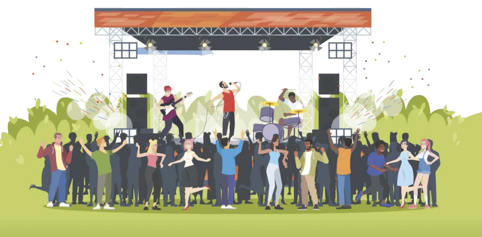 Ilustração de um show de rock em cima de um palco com os músicos tocando bateria, guitarra e um vocalista. No chão, em frente ao palco, há dezenas de jovens aglomerados, dançando e curtindo.