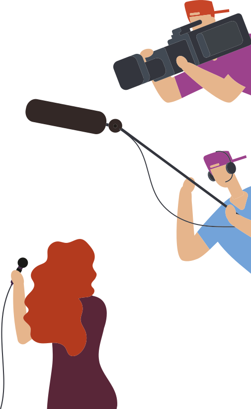 Ilustração de uma mulher segurando um microfone com uma pessoa filmando-a e outra segurando um microfone.