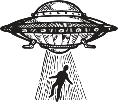Ilustração de uma nave espacial abduzindo um homem.