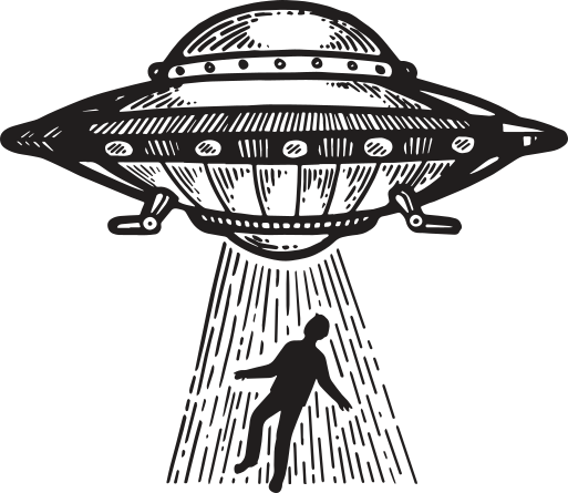 Ilustração de uma nave espacial abduzindo uma pessoa.