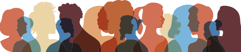 Ilustração com a silhueta de diversas pessoas, homens e mulheres, uma ao lado da outra e sobrepostas.