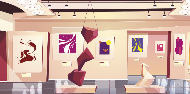 Ilustração do interior de um museu com quadros e esculturas expostas.