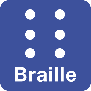 Símbolo representando uma escrita composta por sistemas de pontos com duas fileiras verticais com três pontos em cada. Abaixo, lê-se 'Braille'.