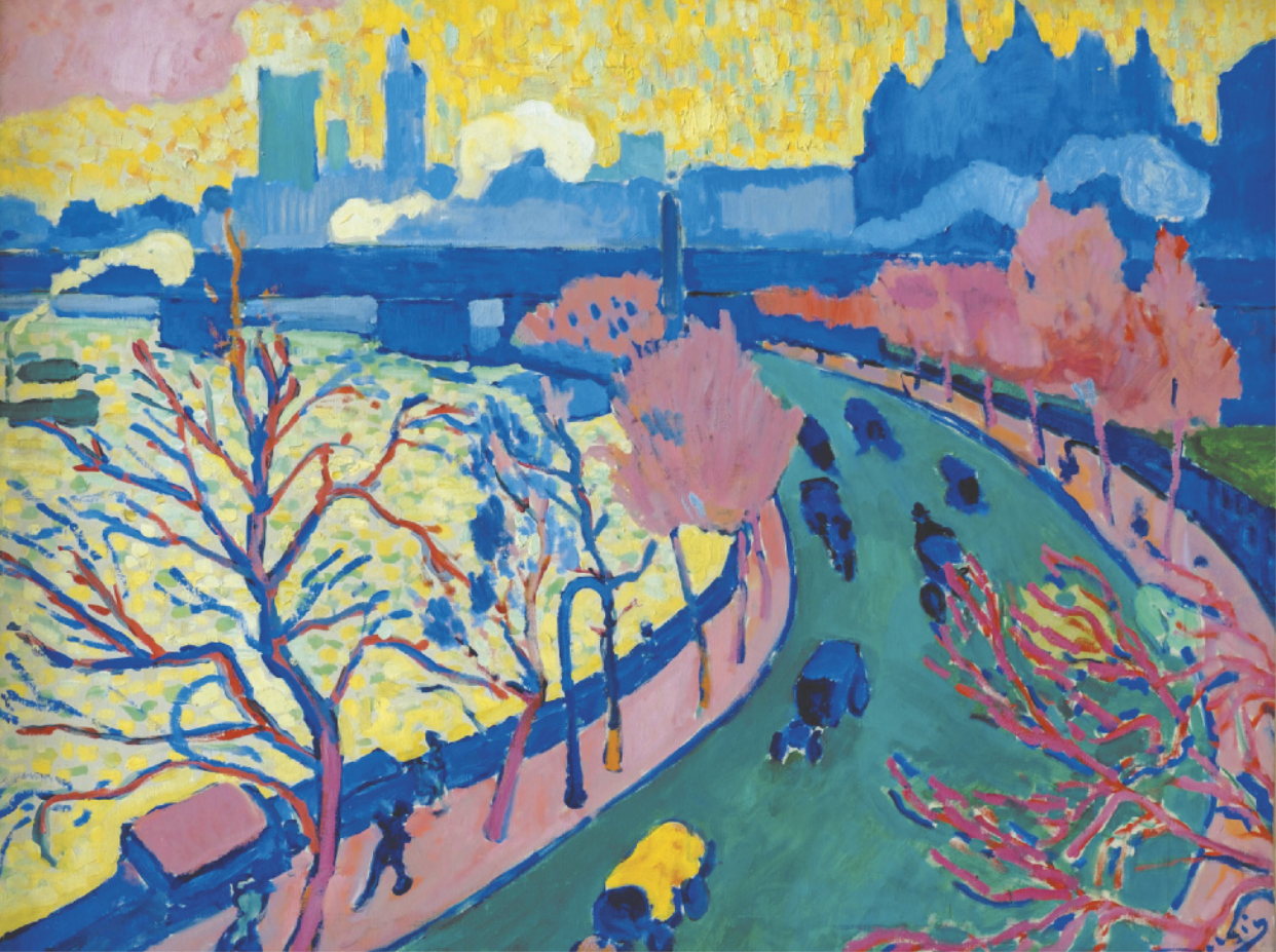 Pintura representando uma paisagem com uma cidade com prédios ao fundo, um viaduto e uma via principal com tráfego de veículos. Na marginal da avenida, há árvores com galhos secos e folhas em tons outonais.