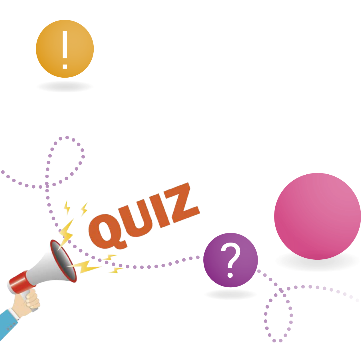 Ilustração com linhas pontilhadas com um ícone de exclamação, interrogação e um megafone, escrito 'Quiz'.