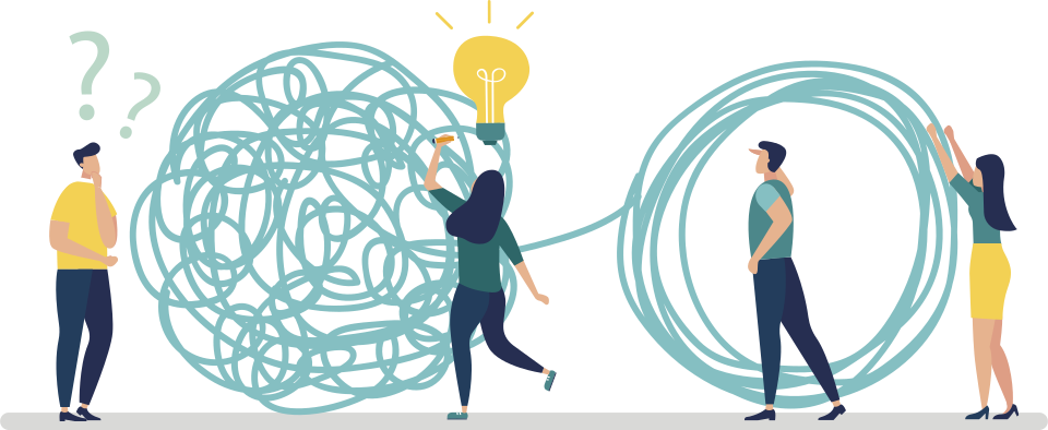 Ilustração de um grupo de jovens resolvendo um problema conjuntamente. Em frente a eles, há um emaranhado de fios, que eles desenrolam juntos. Um deles olha com uma expressão de dúvida para o emaranhado. Uma menina olha, tendo uma ideia e outras duas pessoas ajudam na execução.