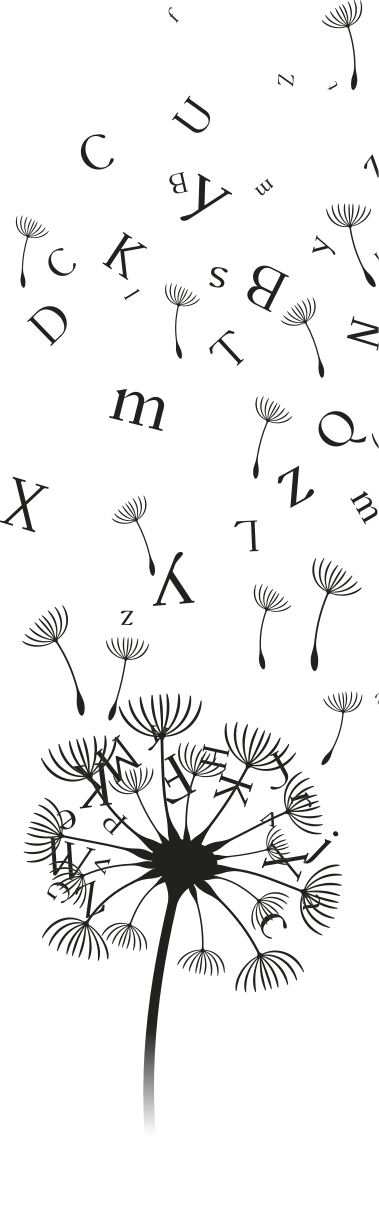 Ilustração de uma flor dente-de-leão com ramos voando por entre letras do alfabeto.