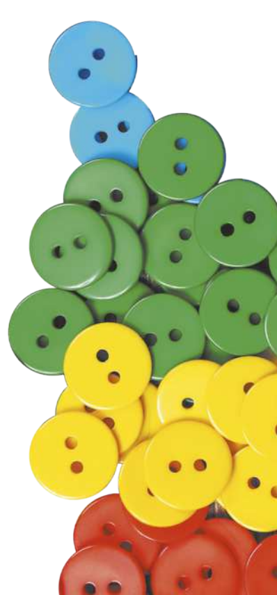 Fotografia de botões nas cores azul, verde, amarelo e vermelho.